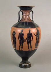 Schwarzfigurige Panathenäische Preisamphore, Darstellung von zwei Boxern, einem Trainer und Olympias, Attisch, Griechisch, 340-339 v. Chr.